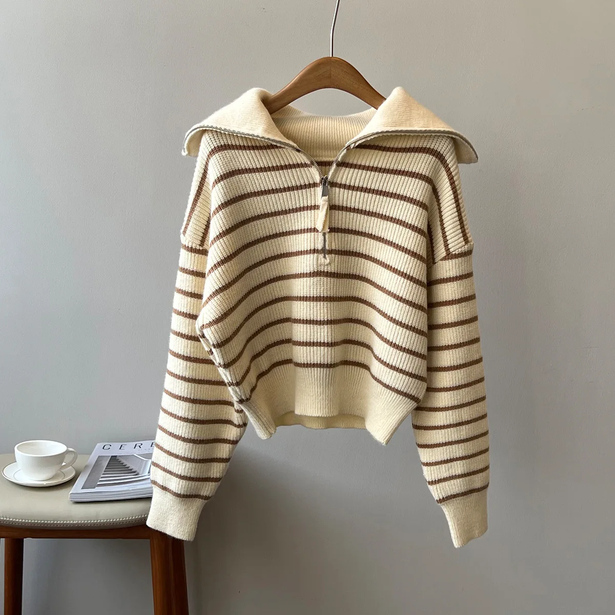 Kingsu OEM ODM casual style oversized striped knitwear long sleeve pullover fashion half zipper sweater
