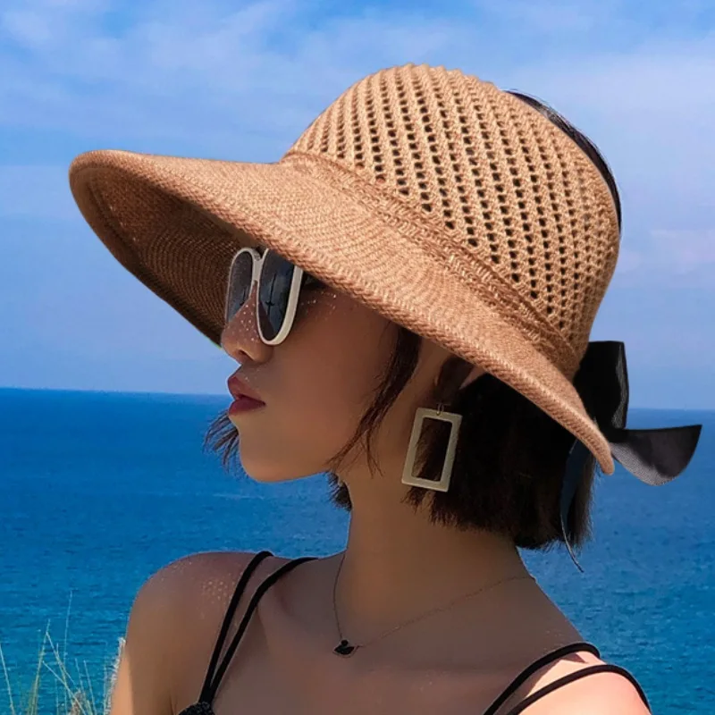 2021 Summer  sunshade hat for lady with empty straw hat with big brim bow folding beach hat