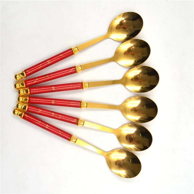 Stainless steel spoon marbled handle household dining Korean long handle spoon gift box set