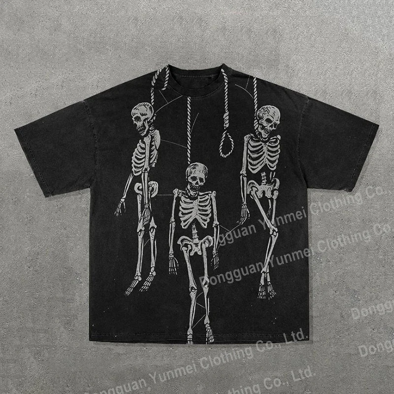 Yunmei High quality acid wash t-shirt custom Skull Heart transfer print digital printing cotton boxy graphic tshirt for men