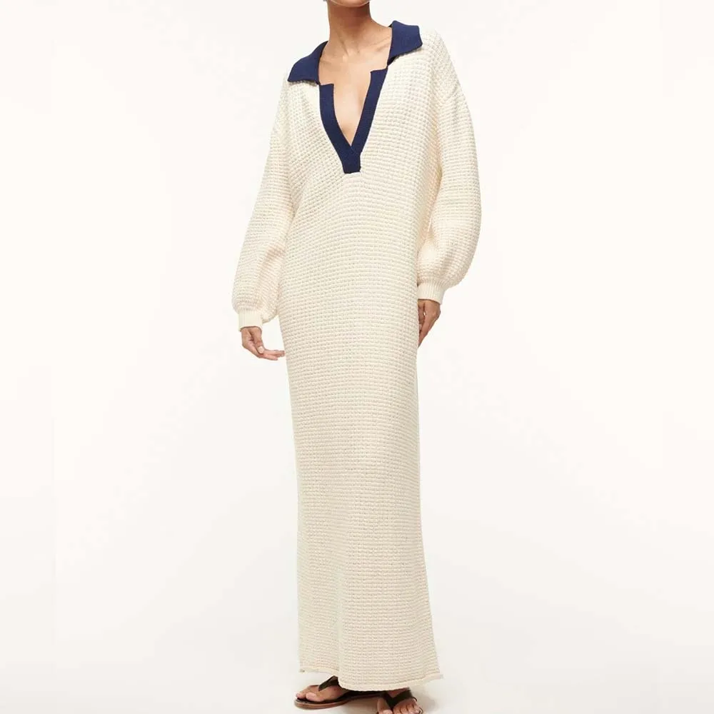 Knitwear Manufacturer Custom Autumn Winter chunky cotton waffle knit fabric features a long sleeve polo collar sweater  dress