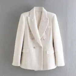 Women Chic Plain Blazeers Double-Breasted Flap Patch Pocket Coat Ladies Elegant Beige Jacket