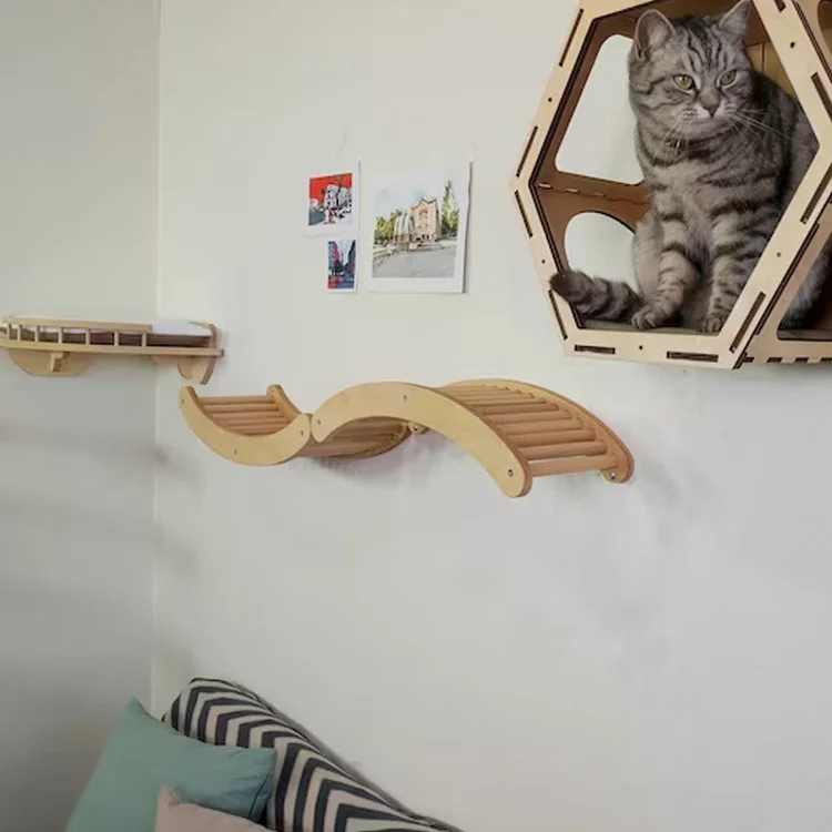 Wooden cat furniture pet toys wall mounted cat trees scratcher climbing ladder wood stairs