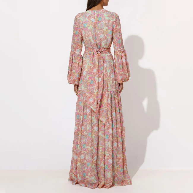 Customization Women Casual Chiffon V-neck High Split Floral Print Long Sleeve Maxi Dress