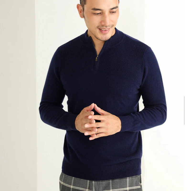 
Custom Knit Pullover Zipper Neck Knitwear 100% Cashmere Sweater Men Winter Outdoor 