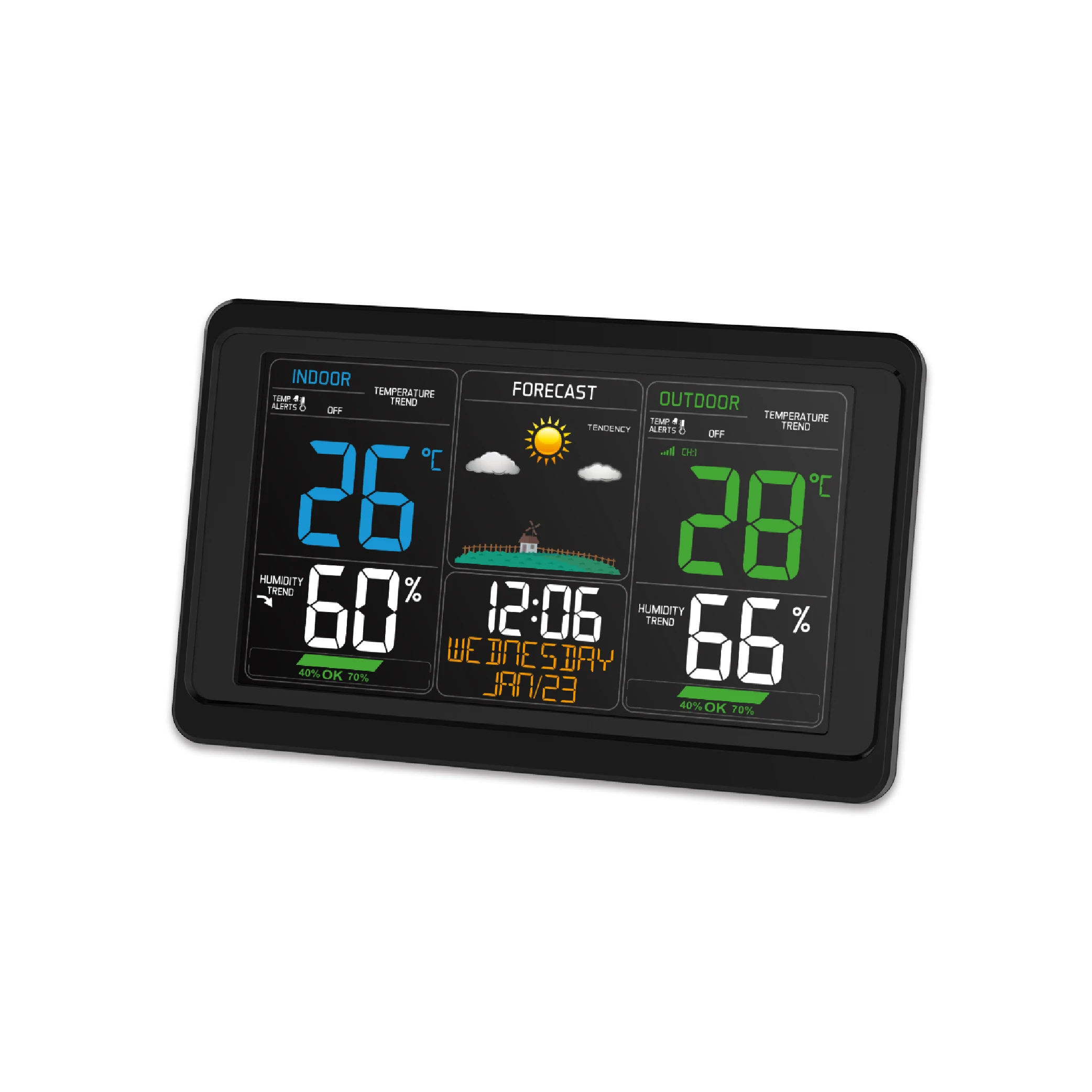 Weather Station Clock with Temperature Trend Display Indoor Outdoor Temperature and Humidity Max/Min Records