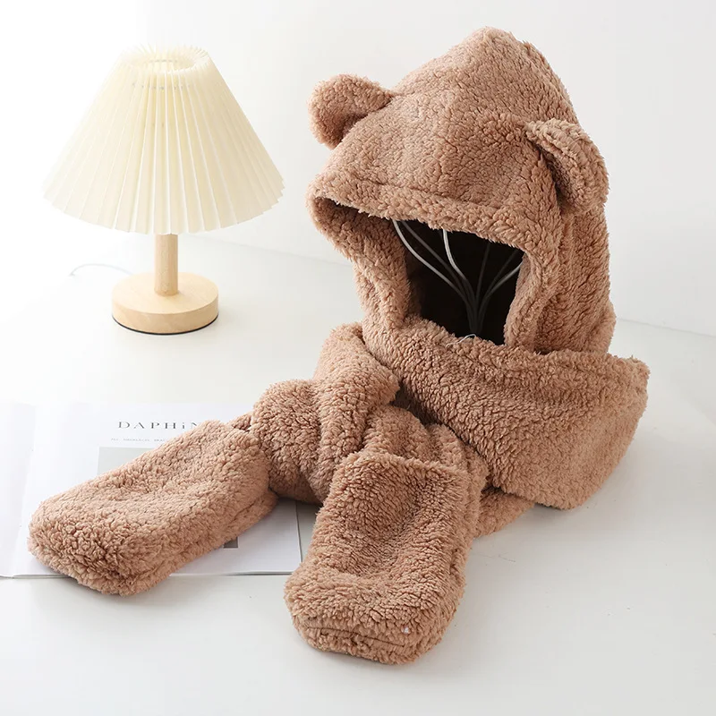 Winter bear thick ear warm hat scarf gloves 3-in-1 plush hat