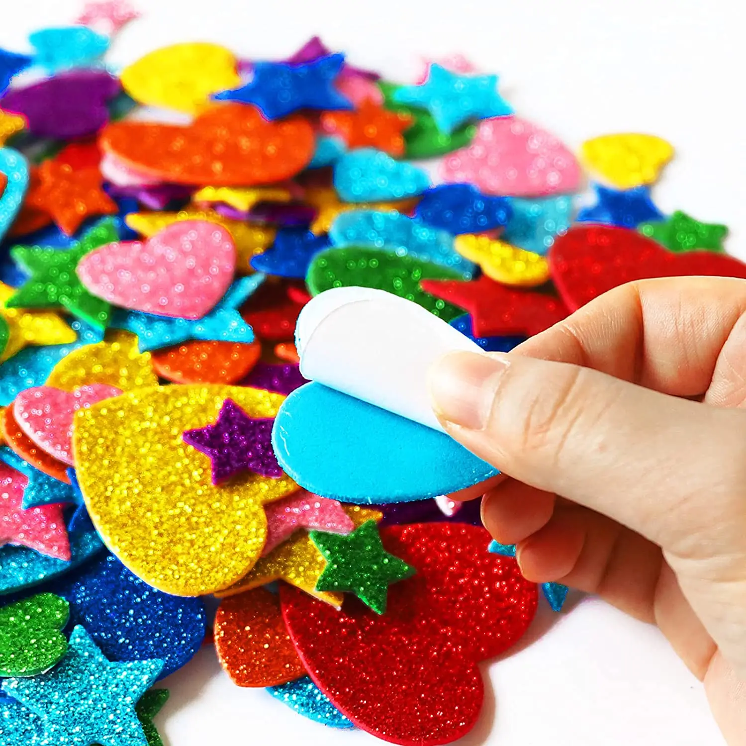 Custom Colorful Glitter Foam Stickers Self Adhesive Stars Mini Heart Shapes Glitter Stickers