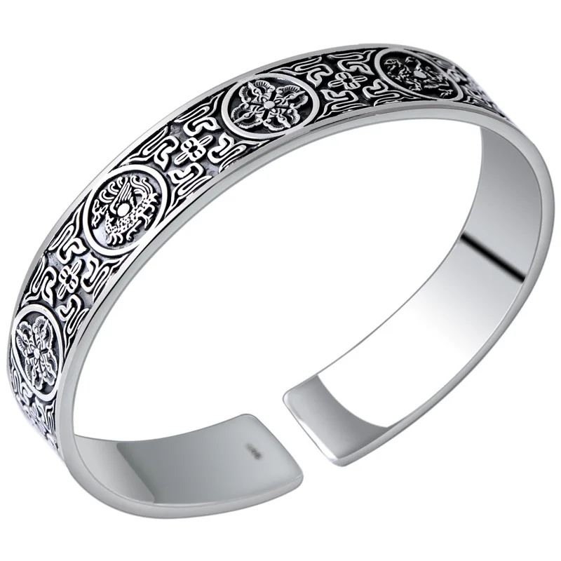 990 Pure Silver Vintage Wide Silver Bracelets Cuff 4 Creatures Dragon Tiger Bird Turtle Chinese Men Jewelry
