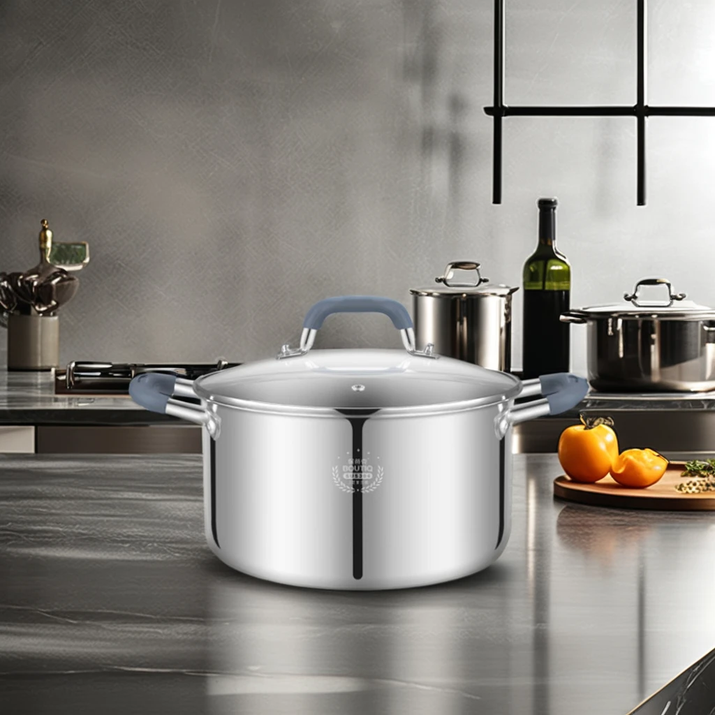Kitchen Noble type Composite steel Cookware soup and stock pot double ears inox cooking pots with Glass Lid for Restaurants