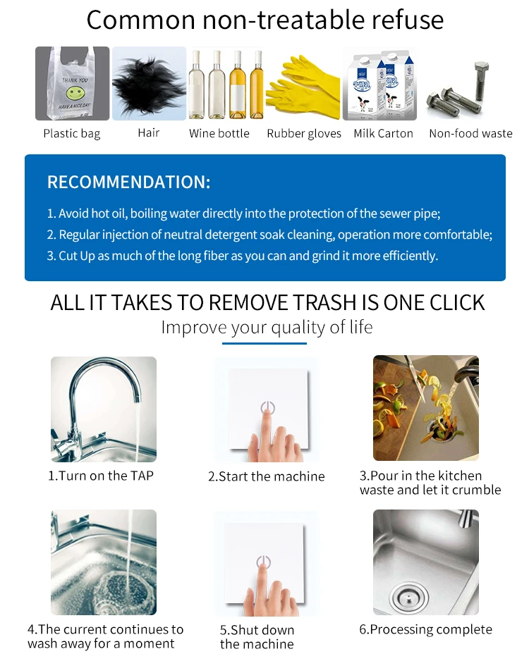 BTCBOT Household 3/4 HP Continuous feed Sink Food Grinder Garbage Disposal Kitchen Waste