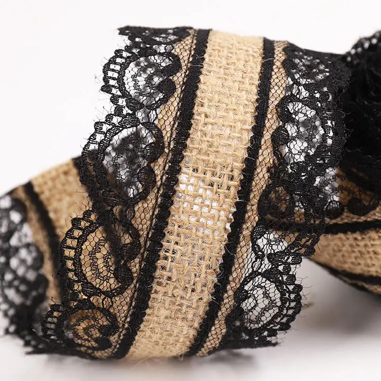 natural burlap jute ribbon with black lace trims tape for DIY rustic hessian craft ribbon for vintage wedding wreath burlap roll