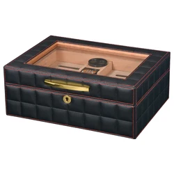 Black PU Leather Wooden Cigar Box Empty Humidor Wood Cigar Boxes Wholesale