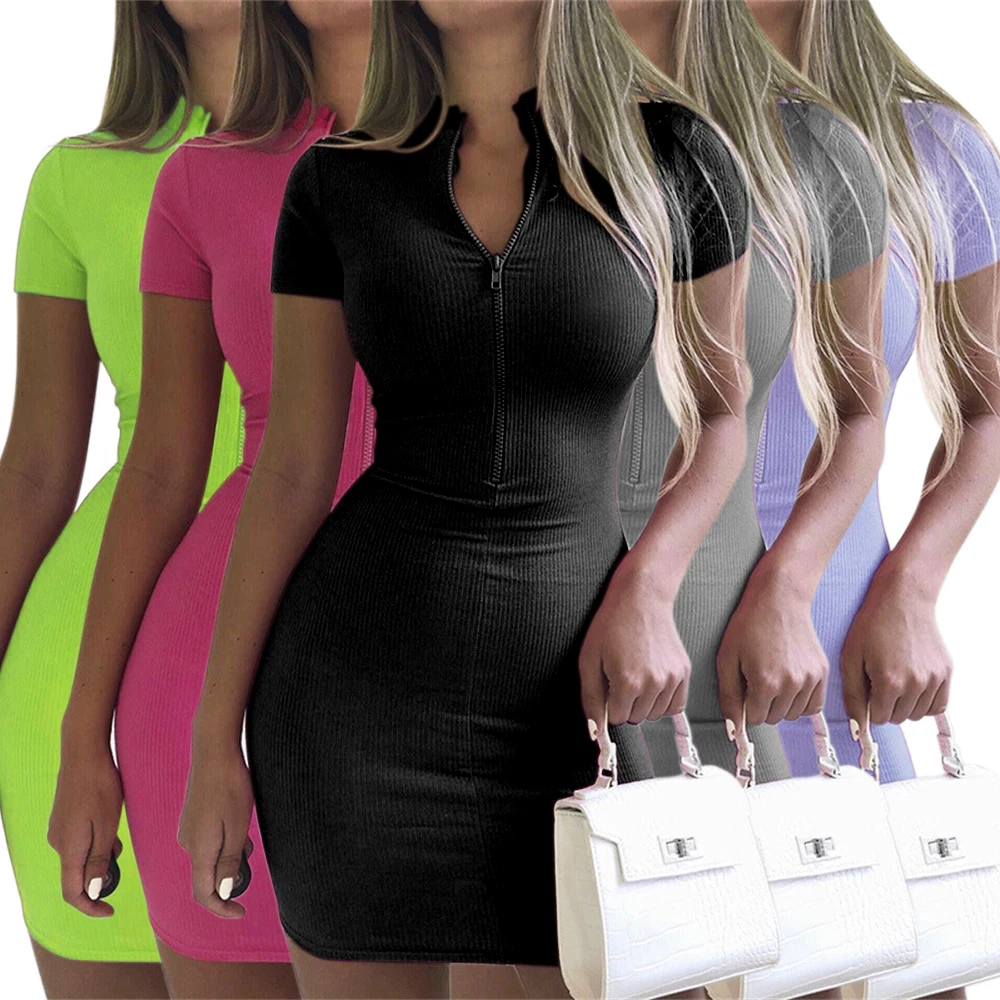 Solid Color Short Sleeve Skinny Fit Striped Sexy Mini Sundress Ribbed Zipper Bodycon Ladies Outfits Casual Dress