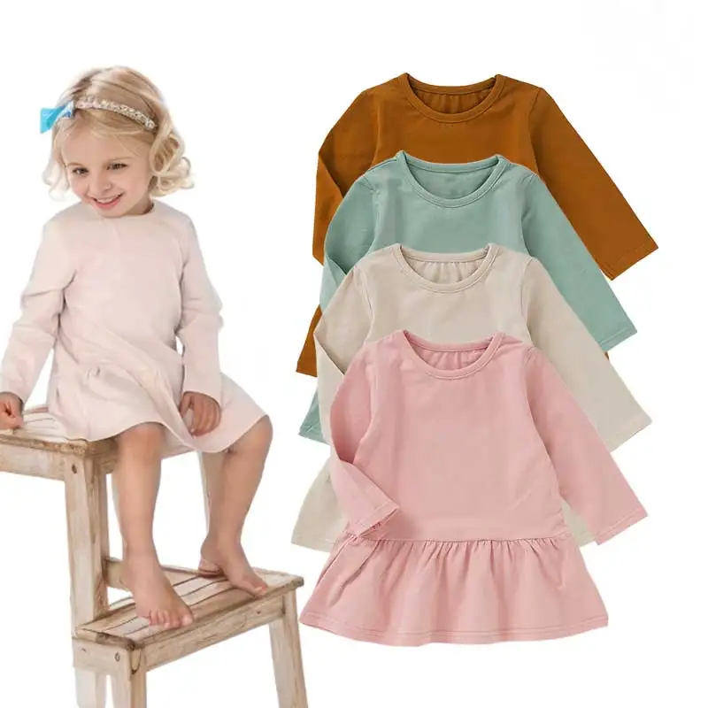 Wholesale Comfortable Frill Hem Solid 0-4T Organic Cotton Baby Girl Dresses