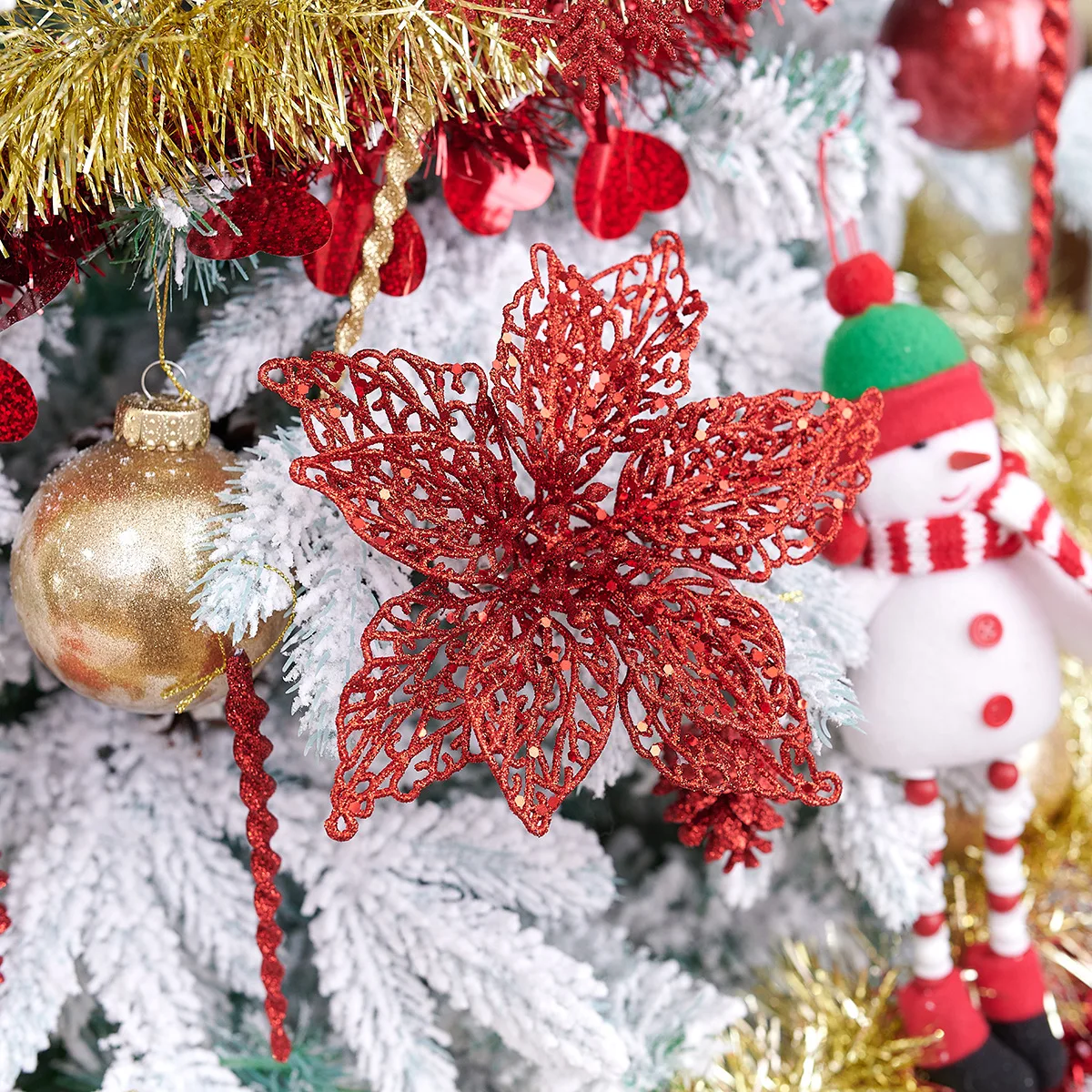 Wholesale Christmas Flower Glitter Powder Hollow Out Artificial Flower Christmas Decoration Christmas Tree Flowers