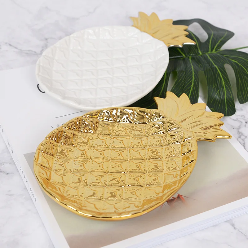 Destly Creative Personality Nordic Style Ceramic Golden Pineapple Leaf Shaped Jewelry Manicure Fruit Decoration Storage Tray