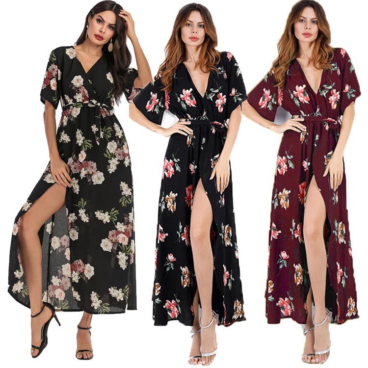 Hawaii Style Beach Blue V Neck Red Floral Print Maxi Split Chiffon Dress