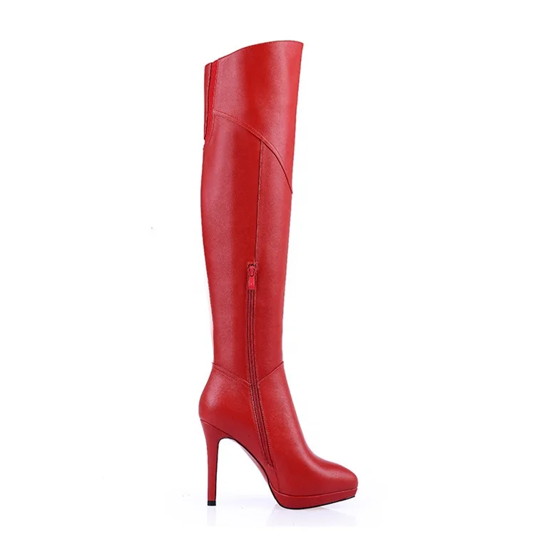 Hotsales fashion red genuine leather women thigh 12cm high heel boots