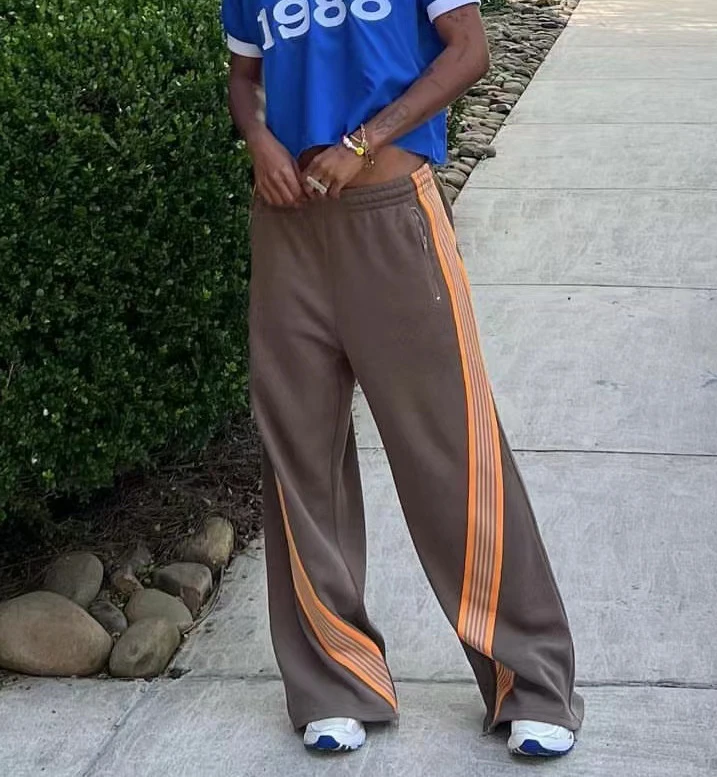 Custom Logo Manufacturer Men Knitted Sweatpants Street Wear Casual Pants Drawstring Waist Stripe Wide Leg Pants