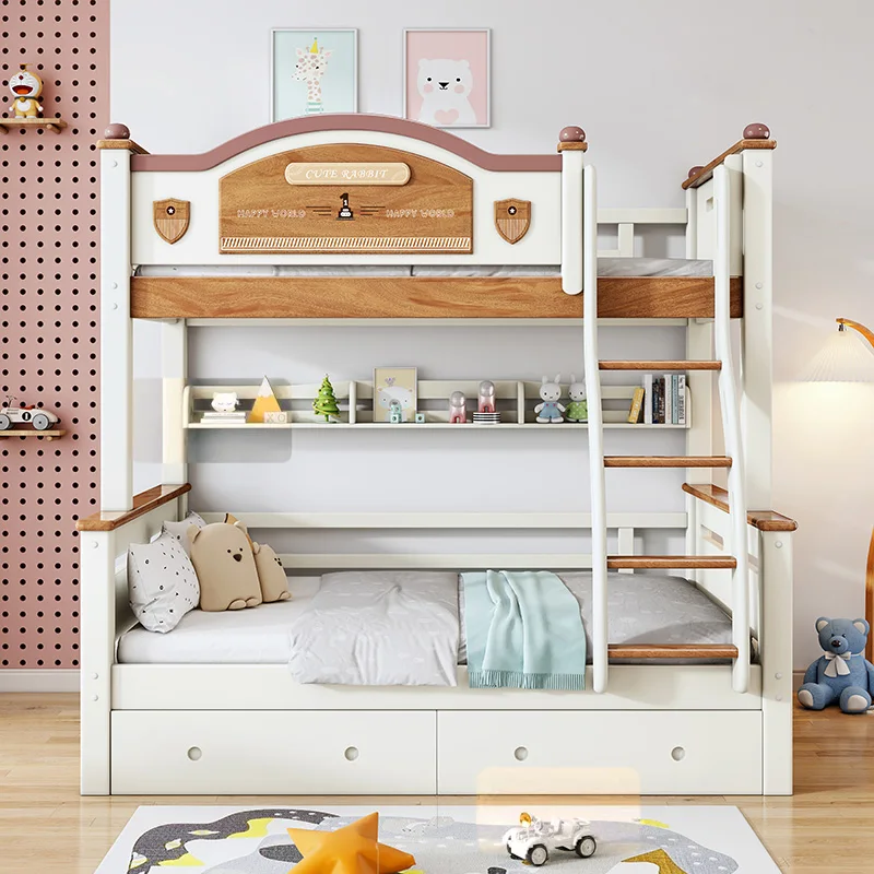 Space-Saving Solid Wood Bunk Bed A practical choice for bedrooms this high and low bunk bed features a two-story combination des