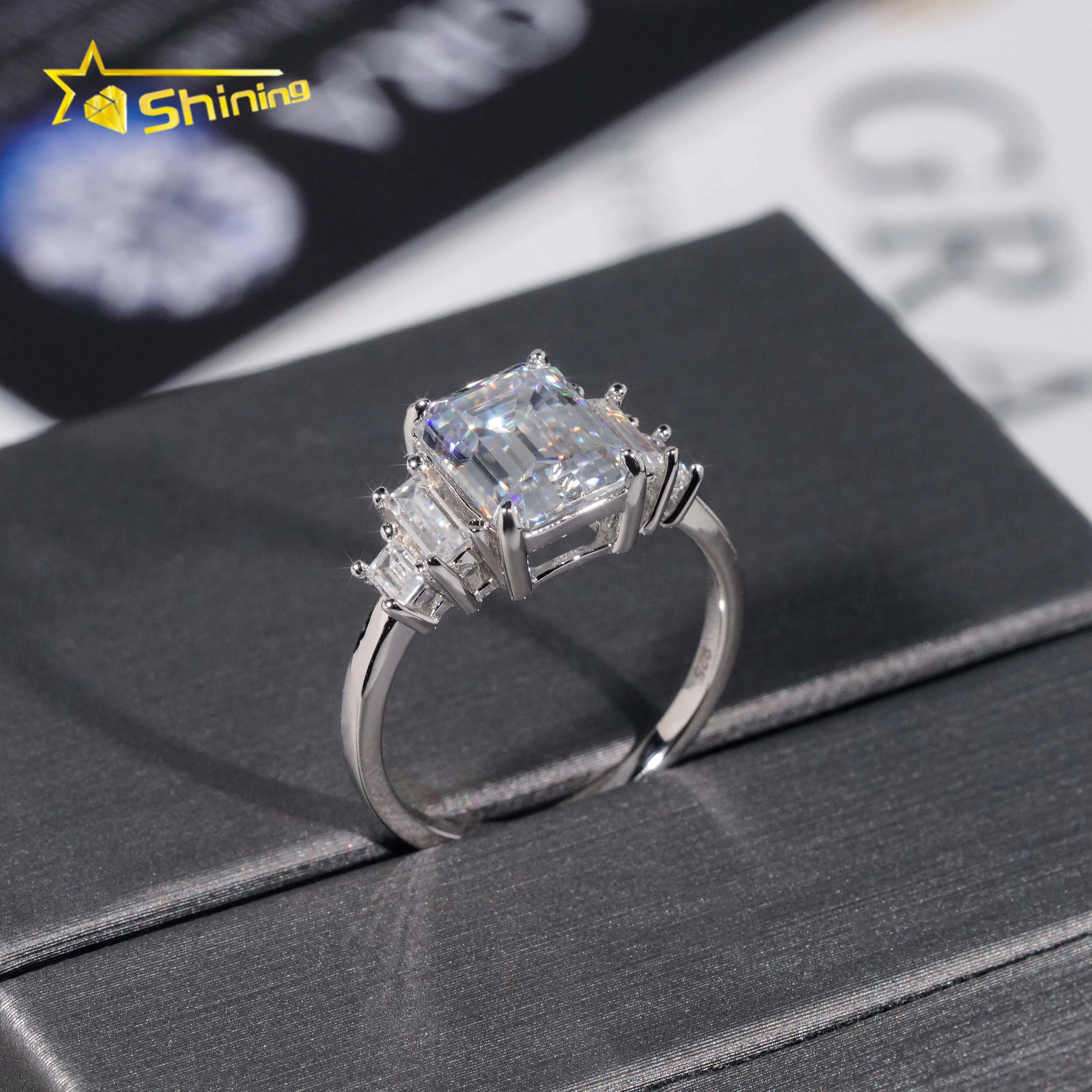 Wholesale Gold Plated Rhodium Plated Vvs Moissanite 925 Silver Diamond Emerald Cut 3ct Women Engagement Wedding Ring