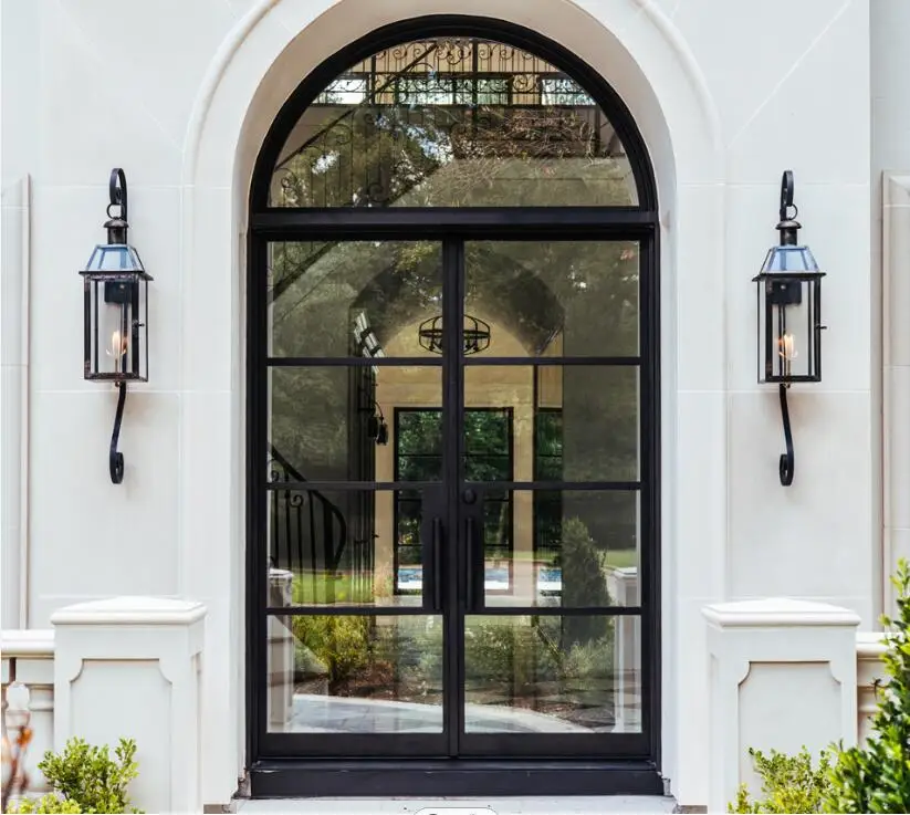 Arched Glass Double Door Metal Frame Tempered Glass Interior French Doors