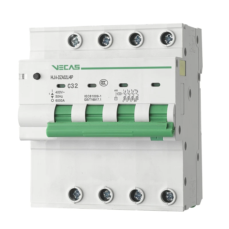 VECAS DZA20L Series RCCB RCD RCBO Circuit Breaker 50HZ 6KA 4 Pole 32A 63A 80A 230/400V 30ma 50ma IEC CE CB ISO9001 TUV 18 Months