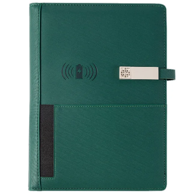 Green Mobile Power Notebook Custom Logo Business Gift Wireless Charging Notepad With U Disk