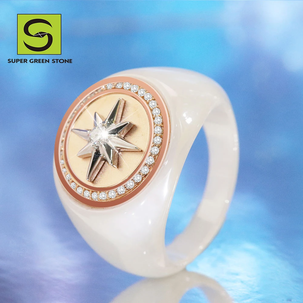 Octagram Design Dropshipping White Ceramic Rings 18K Gold Lab Grown Diamond Iced Out Jewelry Men Jewelry