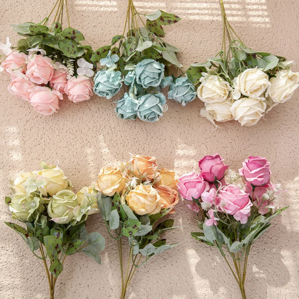 Hot Selling Wedding Decor Artificial 6 Head Rose Flower Decoration Smooth Cream Artificial Flowers Rose Bouquet