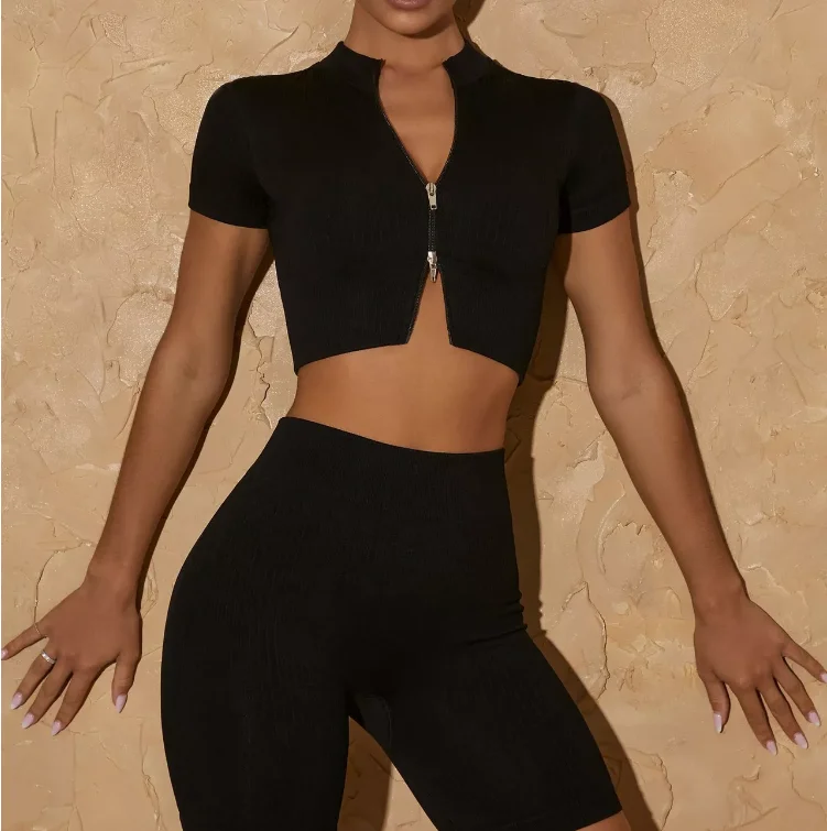 2022 Women 6 Piece Ribbed Yoga Set Zipper Natural Color Activewear Suit Jogger Seamless Sportswear Fitness Workout Gym Clothing