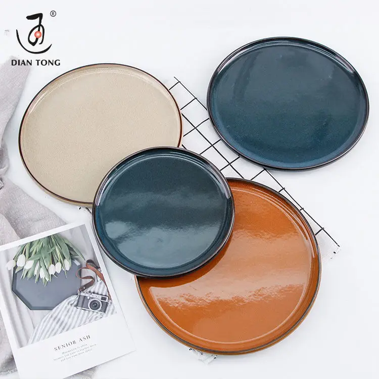 Hot sale navy/brown/beige round ceramic dessert plate color glaze round porcelain dessert plate