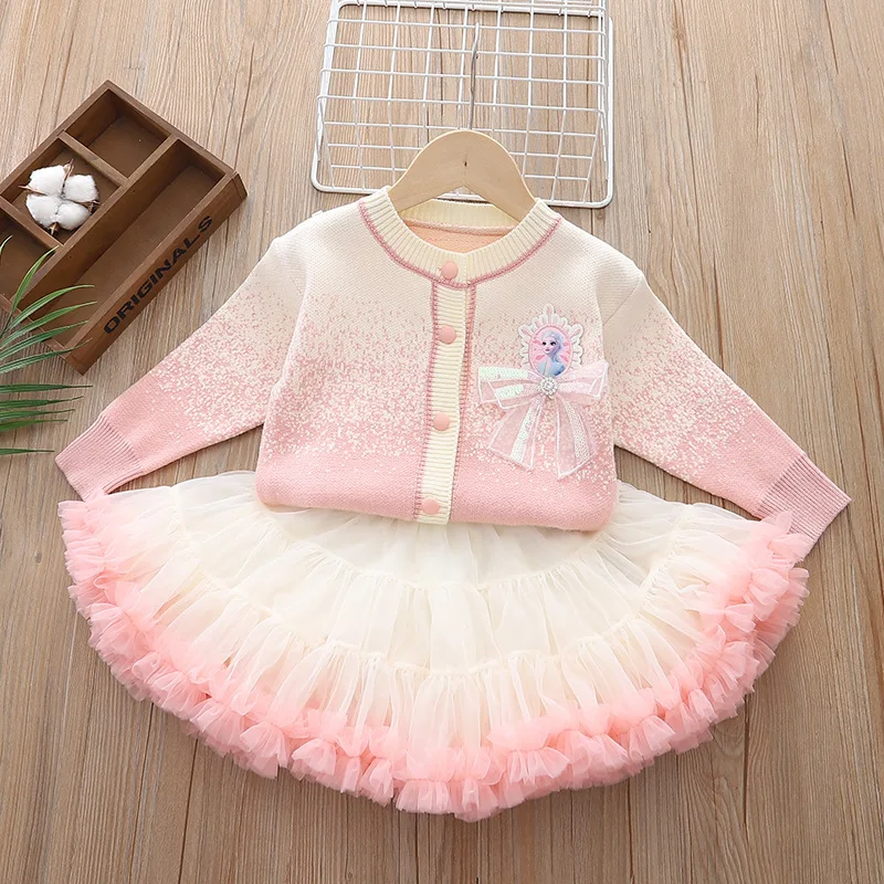 Girls Cotton pink Blue Sweater +tutk Skirt 2pcs Set Kids Long Sleeve Knit Top Clothing Sets