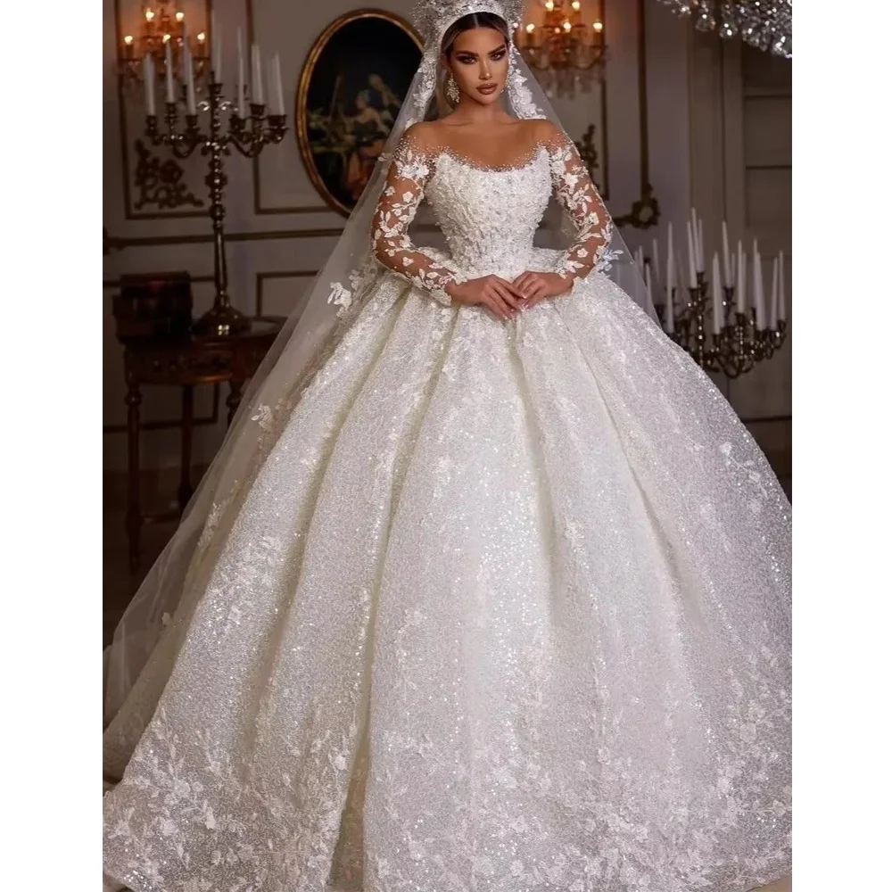 Luxury Dubai Ball gown lace Wedding Dress with Long Sleeves Sequins & Beads Sheer Neckline Glitter Tulle Bride Gown