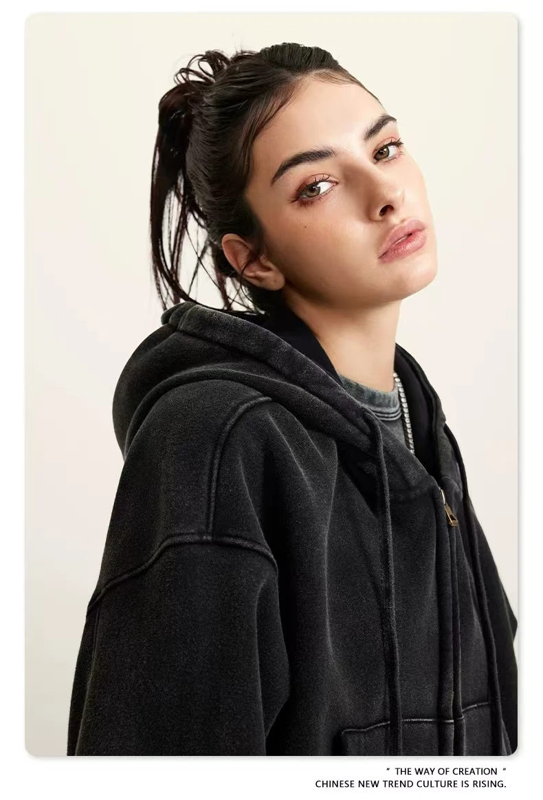 Autumn and Winter Vintage Washed Latin American Double Zipper with Velvet for Short Hoodie Coat