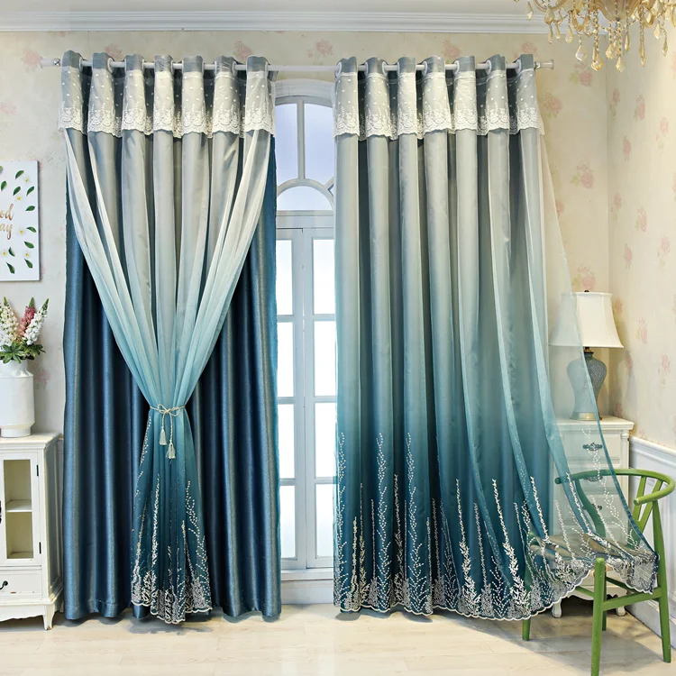  2020 New Design Double Layer Wholesale Curtains Living Room Hand Feather Embroidery Heavy Blackout
