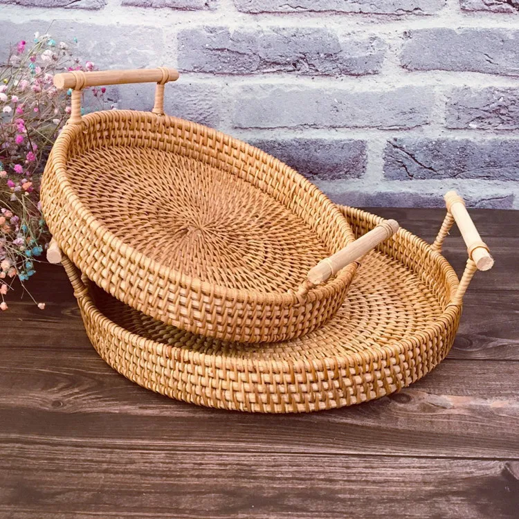 Decor Storage Food Storage Holders & Racks Rattan Tray Wooden Handle Real Bamboo Handmade Natural Round Food Container 5-7 Days