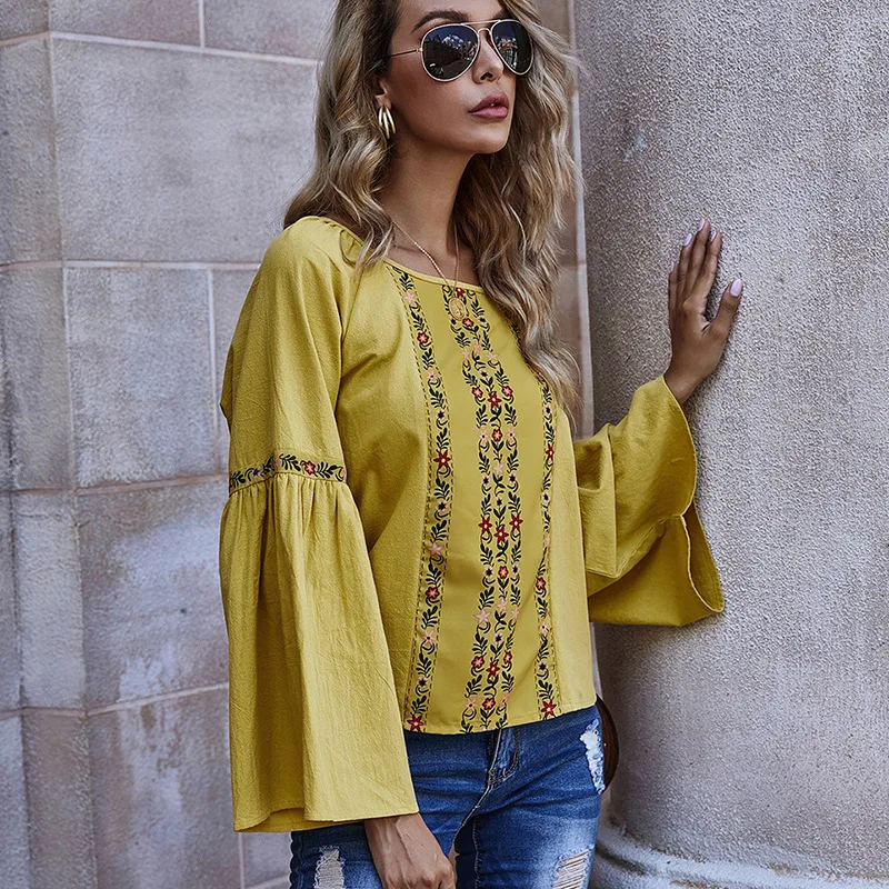 Hot Sale Solid Color Printed Floral Loose Flared Long Sleeves Yellow O-neck Women Casual Blouse