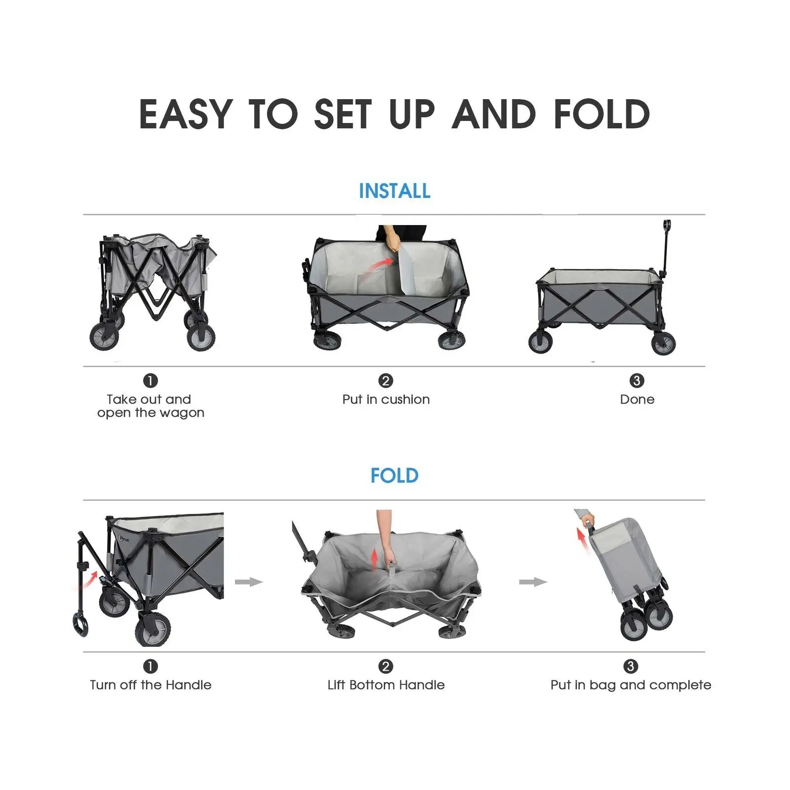 Collapsible Folding Utility Wagon Quad Compact Outdoor Garden Camping Cart with Removable Fabric