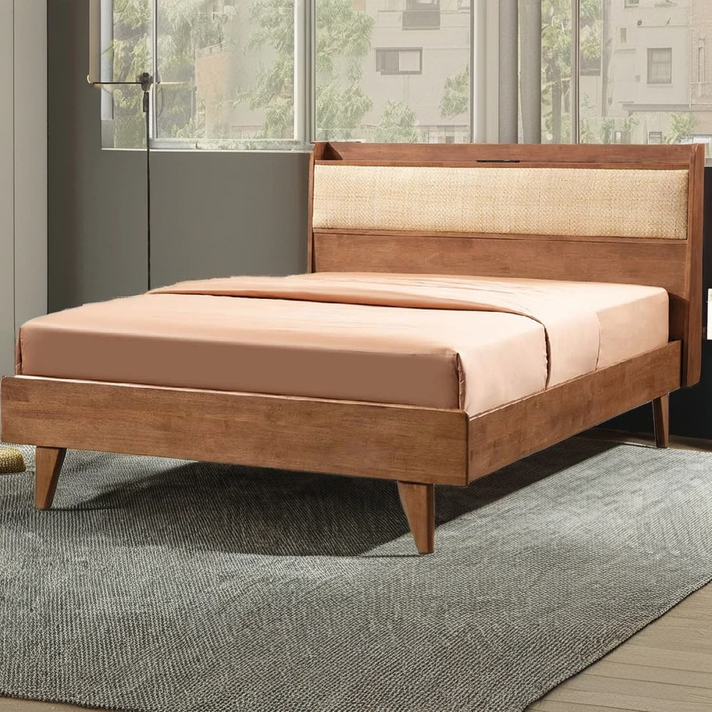 Rattan woven solid wood bed Frame Cheap Indoor Bedroom Furniture King Queen Double Soft Bunk Bed Natural Finish Color