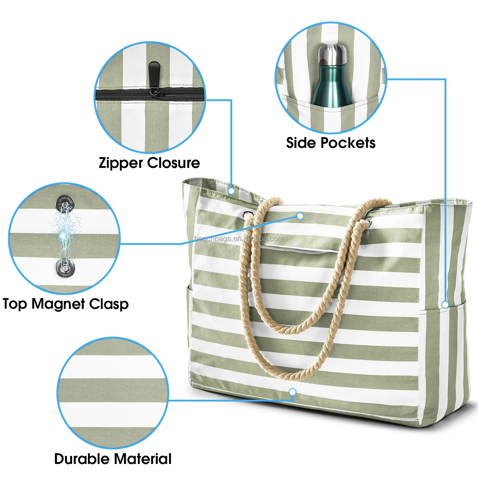 Custom Light Weight Fashion Stripe Beach Bag with Top Magnet Clasp waterproof pocket zipper canvas cotton rope handle Beach Bags