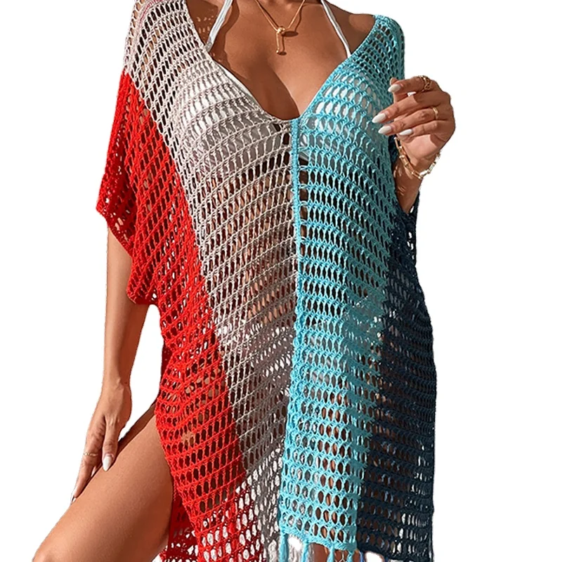 Slight Stretch Women Swimsuit Cover up Colorful Sun Protection Beach Bathing Suit Bikini 100% Polyester Knitting Bikinis Adults