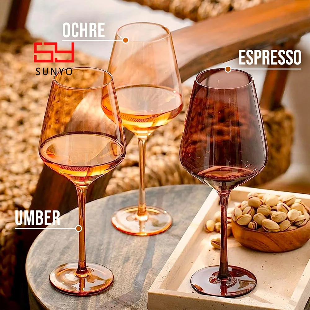 SUNYO 16.5oz Venus Collection Glassware Elegant Colored Wine Glasses Set of 6 Stemmed Brown Wine Glass With Thin Rim
