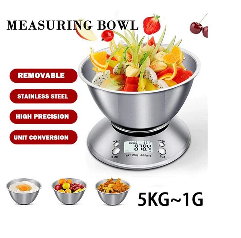 Digital Stainless Steel Kitchen Food Scales with Detachable Bowl for Household Cooking and Hotel Weighing Applications
