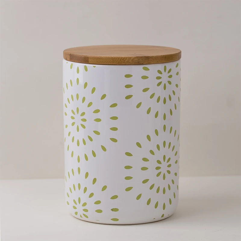 food storage ceramic canister green spots print jar bamboo lid jar