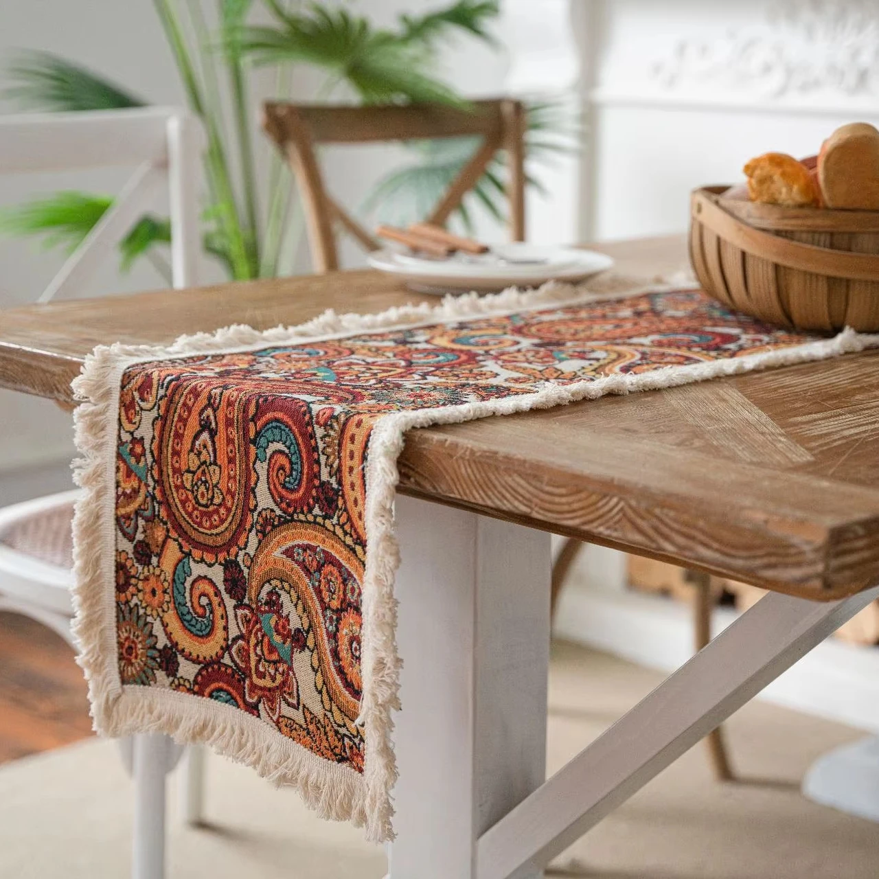 High Quality Jacquard Geometric Festive Red Tassel Party Cotton Linen Table Runner, Ready-Made Bohemian Style Table Runner