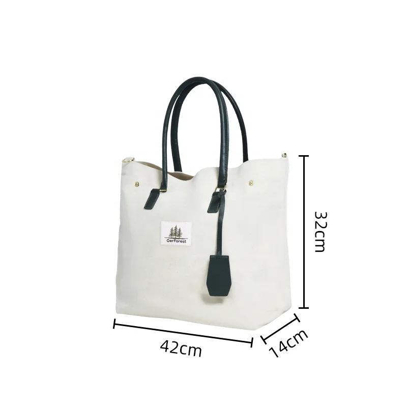 Custom Large Women Handbags 20oz Cotton Canvas Purse with Leather Handle OEM ODM Simple Work Bag