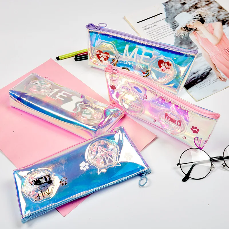 
Sequins pencil case liquid Clear Laser PVC pencil case for kid Custom pencil bag durable stationery bag 