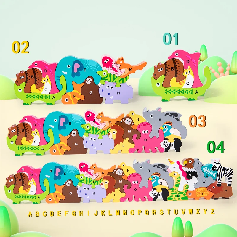 Wooden Cartoon Building Blocks Educational Children Play Shape Matching Toy Letter Blocks Puzzles